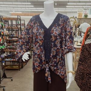 Midnight Lace Trim Tie Blouse